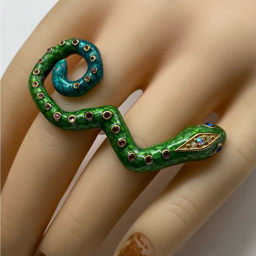 Betsey Johnson Green Enameled & Crystal Snake Ring